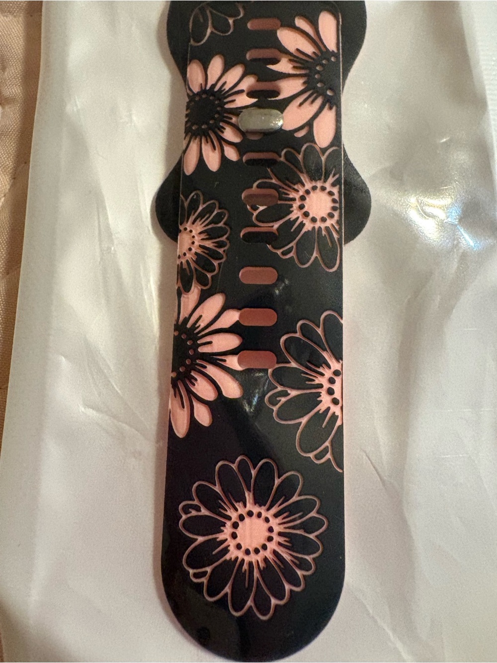 Floral Silicone Apple Watch Band - Black with Pink Flowers - Picture 2 of 4